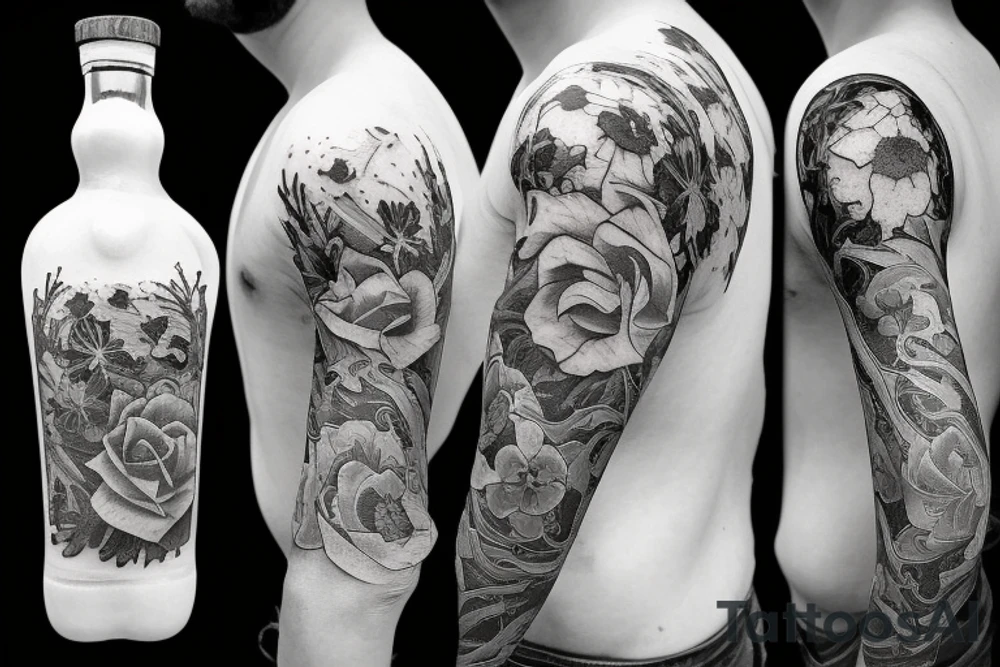 A bottle of whiskey wrapped around in various flowers tattoo idea