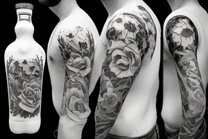 A bottle of whiskey wrapped around in various flowers tattoo idea