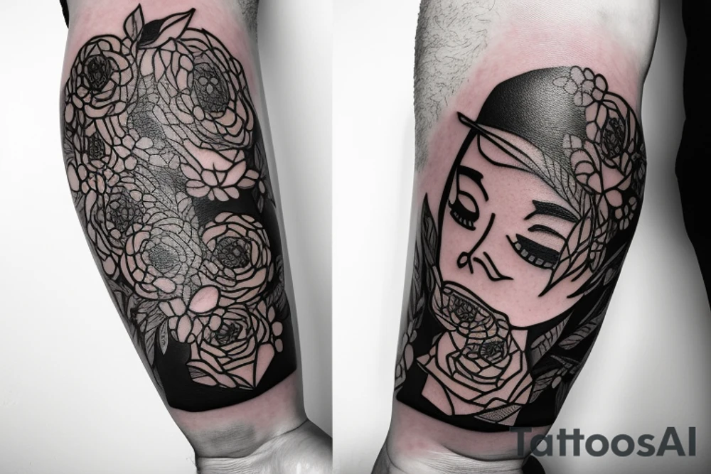 A bottle of whiskey wrapped around in various flowers tattoo idea