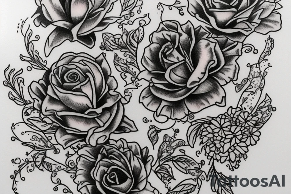 A bottle of whiskey wrapped around in various flowers tattoo idea