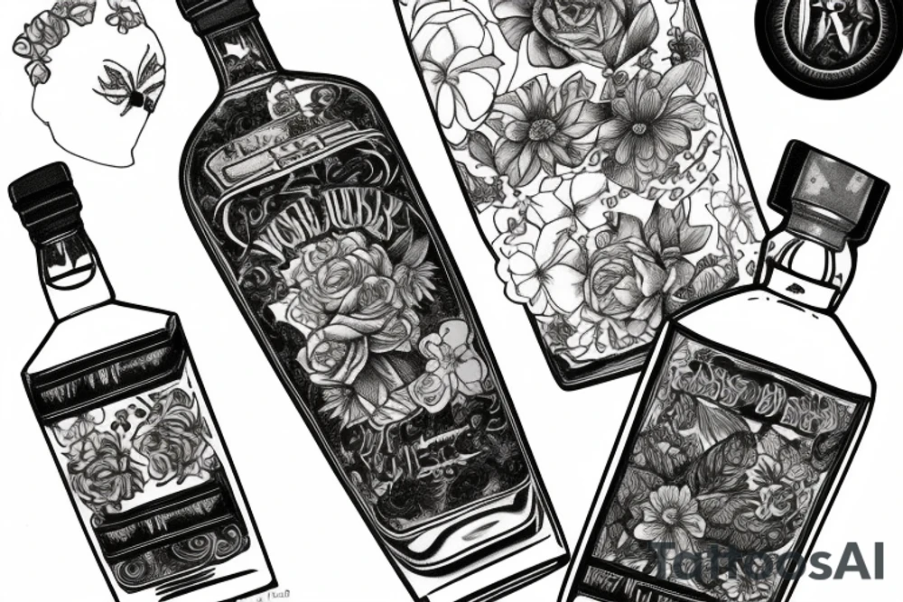 A bottle of whiskey wrapped around in various flowers tattoo idea