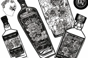 A bottle of whiskey wrapped around in various flowers tattoo idea