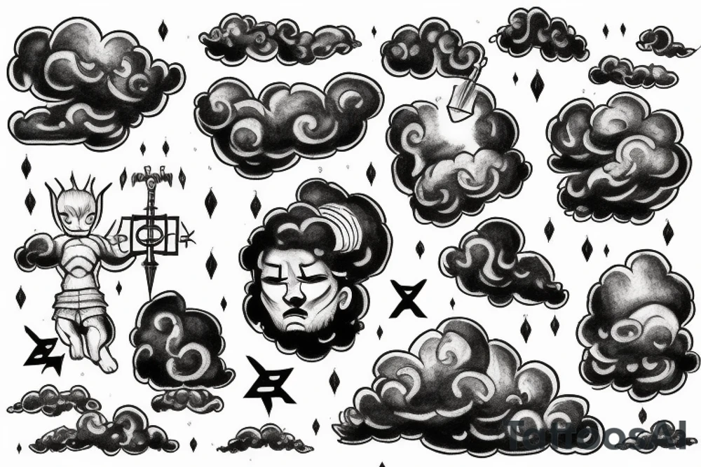 A god in the sky looking through dark clouds with a lighting bolt in his hand tattoo idea