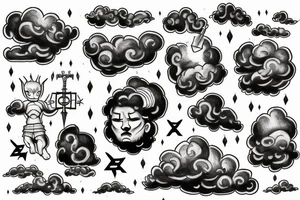 A god in the sky looking through dark clouds with a lighting bolt in his hand tattoo idea