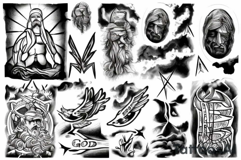 A god in the sky looking through dark clouds with a lighting bolt in his hand tattoo idea