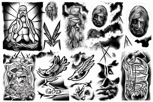 A god in the sky looking through dark clouds with a lighting bolt in his hand tattoo idea