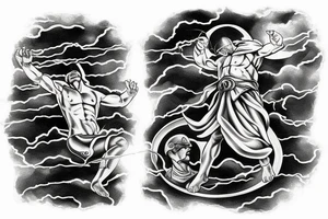 A god in the sky looking through dark clouds with a lighting bolt in his hand tattoo idea