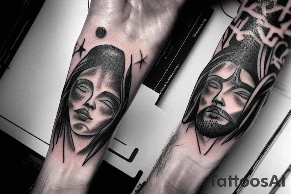 A god in the sky looking through dark clouds with a lighting bolt in his hand tattoo idea