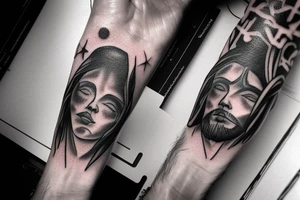A god in the sky looking through dark clouds with a lighting bolt in his hand tattoo idea
