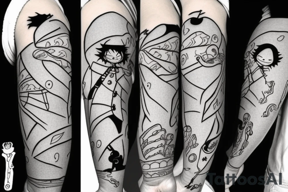 Luffy from one piece vs natsu from fairy-tale with happy and zorro in the background tattoo idea