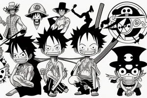 Luffy from one piece vs natsu from fairy-tale with happy and zorro in the background tattoo idea