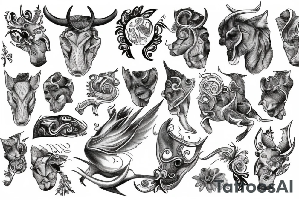 drawing line art full body Taurus tattoo idea