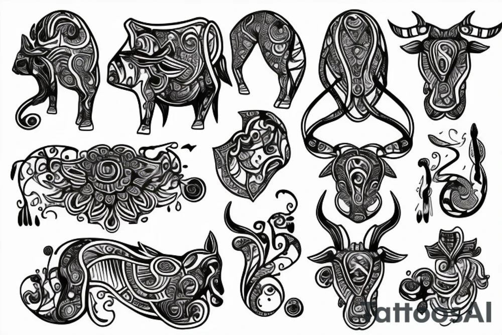 drawing line art full body taurus with zodiac icon tattoo idea