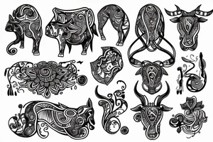 drawing line art full body taurus with zodiac icon tattoo idea