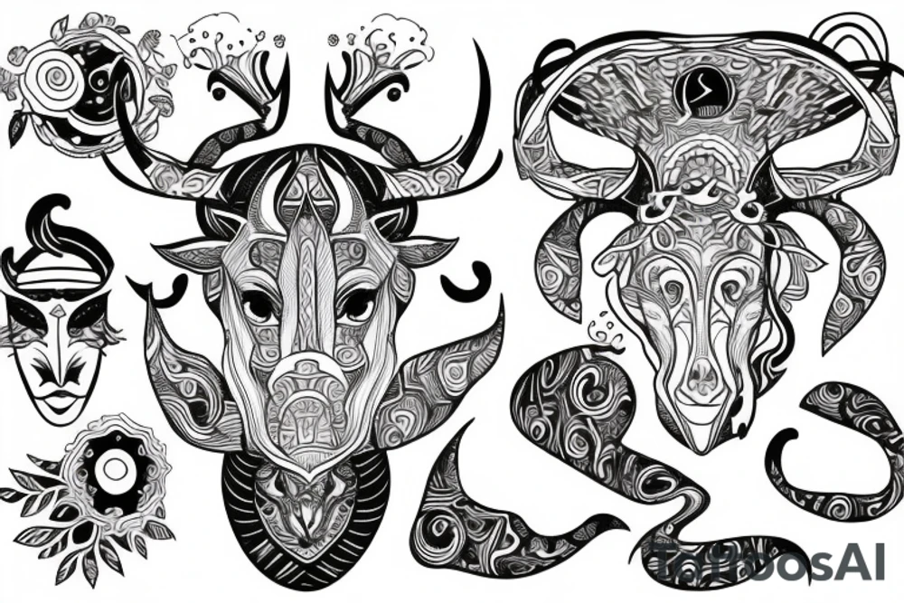drawing line art full body taurus with zodiac icon tattoo idea