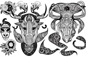 drawing line art full body taurus with zodiac icon tattoo idea
