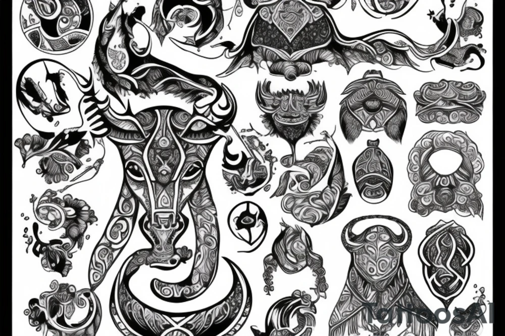 drawing line art entire body taurus with taurus zodiac icon tattoo idea