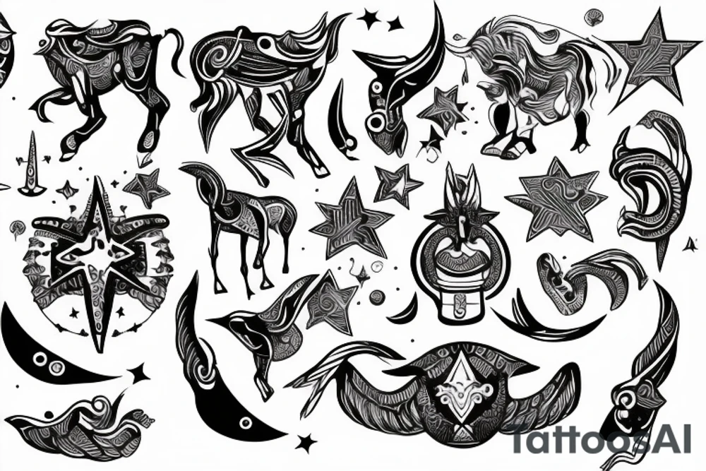 drawing line art entire body taurus with taurus zodiac icon and star tattoo idea