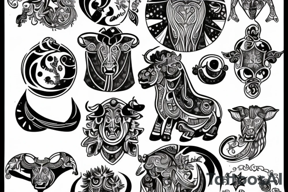 drawing line art entire body of taurus with the taurus zodiac icon and star tattoo idea