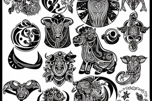 drawing line art entire body of taurus with the taurus zodiac icon and star tattoo idea