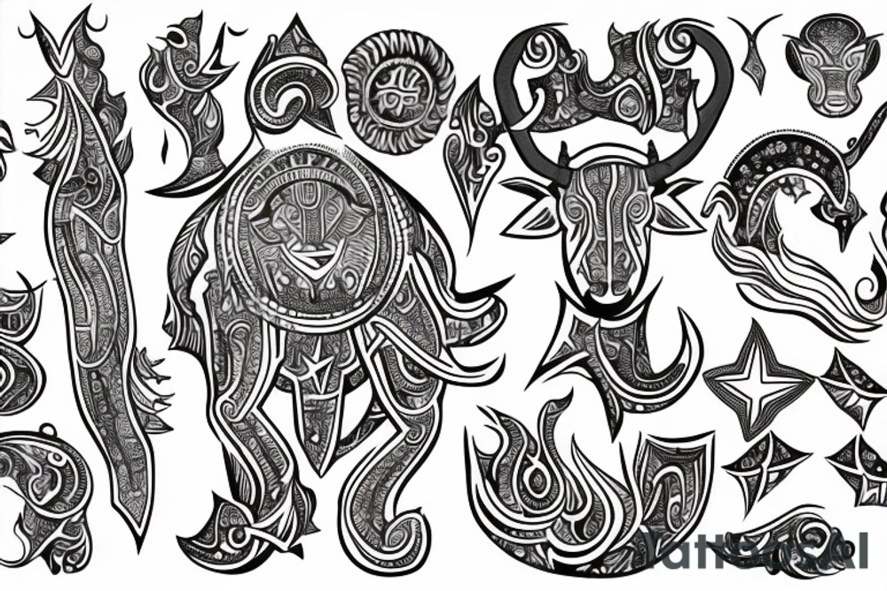 drawing line art entire body of taurus with the taurus zodiac icon and star tattoo idea