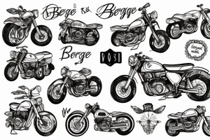 Berge mit Van Tannen und ein Motorrad neben einem Kompass und Herzschlagrythmus tattoo idea