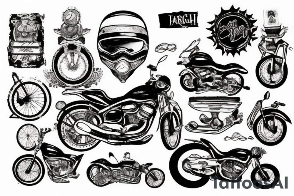 Berge mit Van Tannen und ein Motorrad neben einem Kompass und Herzschlagrythmus tattoo idea