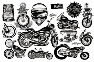 Berge mit Van Tannen und ein Motorrad neben einem Kompass und Herzschlagrythmus tattoo idea