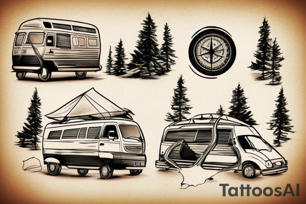 Mountains with trees next to them a tent and a van with a Motorcycle on a Trailer in the background a Compass tattoo idea