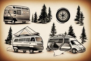 Mountains with trees next to them a tent and a van with a Motorcycle on a Trailer in the background a Compass tattoo idea