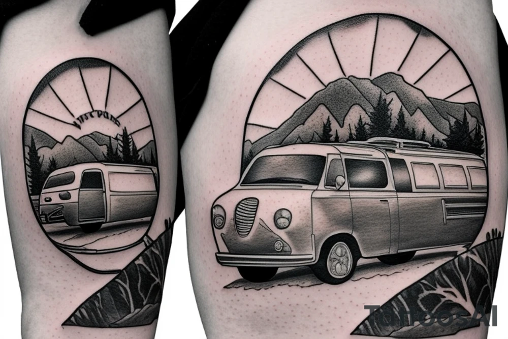Mountains with trees next to them a tent and a van with a Motorcycle on a Trailer in the background a Compass tattoo idea