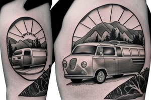 Mountains with trees next to them a tent and a van with a Motorcycle on a Trailer in the background a Compass tattoo idea
