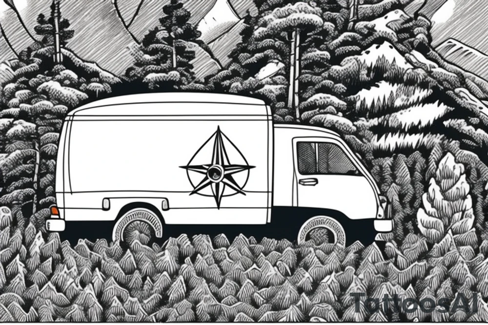 Mountains with trees next to them a tent and a van with a Motorcycle on a Trailer in the background a Compass tattoo idea