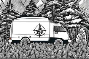 Mountains with trees next to them a tent and a van with a Motorcycle on a Trailer in the background a Compass tattoo idea