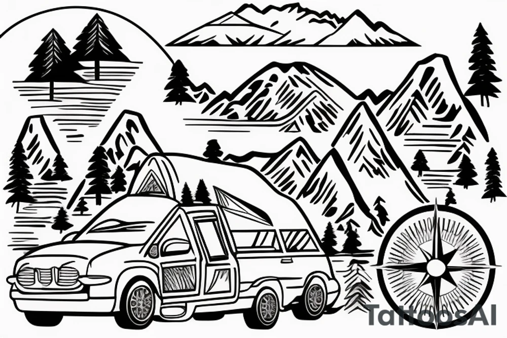 Mountains with trees next to them a tent and a van with a Motorcycle on a Trailer in the background a Compass tattoo idea