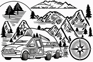 Mountains with trees next to them a tent and a van with a Motorcycle on a Trailer in the background a Compass tattoo idea