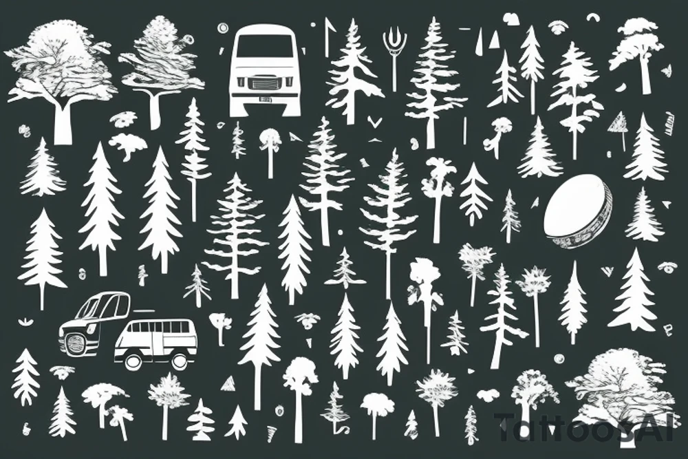 Mountains with trees next to them a tent and a van with a Motorcycle background a Compass tattoo idea