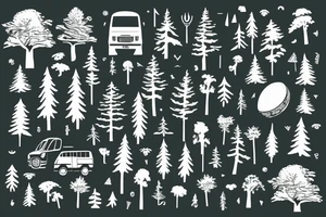 Mountains with trees next to them a tent and a van with a Motorcycle background a Compass tattoo idea