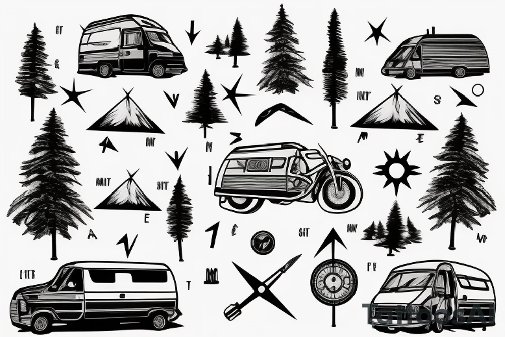 Mountains with trees next to them a tent and a van with a Motorcycle background a Compass tattoo idea