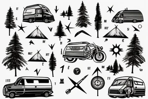 Mountains with trees next to them a tent and a van with a Motorcycle background a Compass tattoo idea