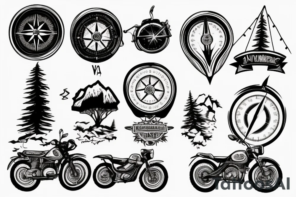 Mountains with trees next to them a tent and a van with a Motorcycle background a Compass tattoo idea