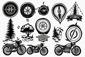 Mountains with trees next to them a tent and a van with a Motorcycle background a Compass tattoo idea