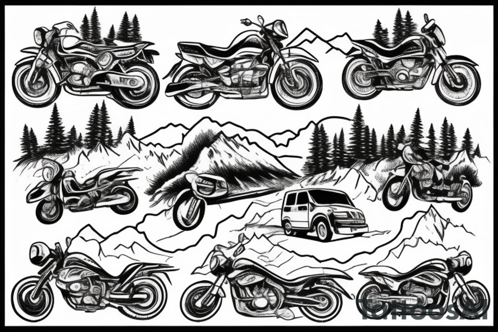 Mountains with trees next to them a tent and a van with a Motorcycle background a Compass tattoo idea