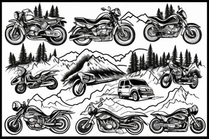 Mountains with trees next to them a tent and a van with a Motorcycle background a Compass tattoo idea