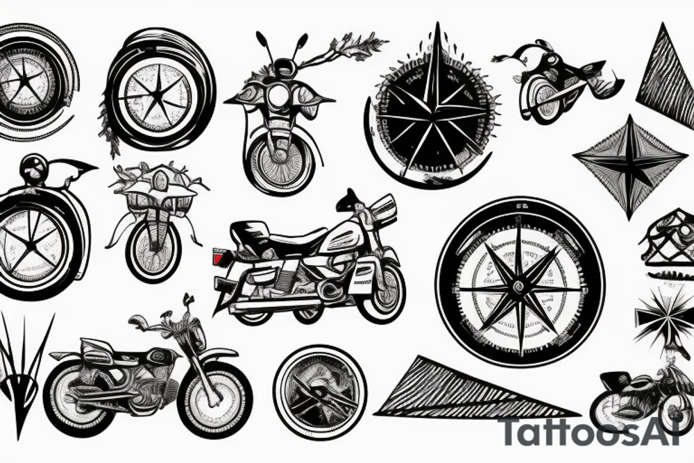 Mountains with trees next to them a tent and a van with a Motorcycle background a Compass tattoo idea