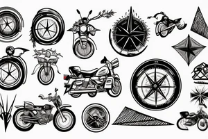 Mountains with trees next to them a tent and a van with a Motorcycle background a Compass tattoo idea