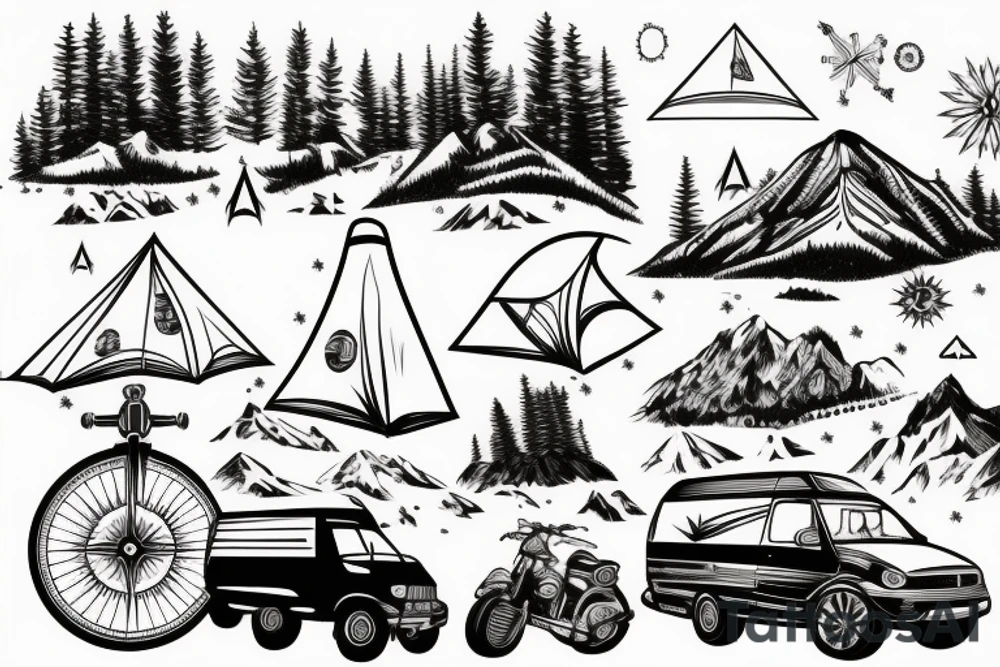 Mountains with trees next to them a tent and a van with a Motorcycle background a Compass tattoo idea