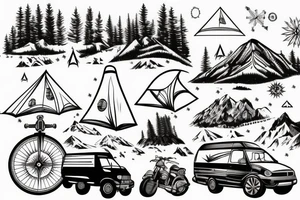Mountains with trees next to them a tent and a van with a Motorcycle background a Compass tattoo idea
