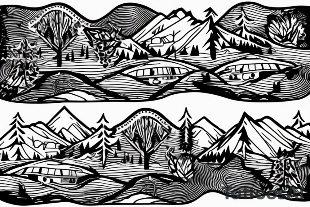 Mountains with trees next to them a tent and a van with a Motorcycle background a Compass tattoo idea