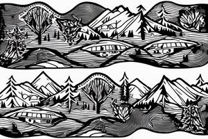 Mountains with trees next to them a tent and a van with a Motorcycle background a Compass tattoo idea